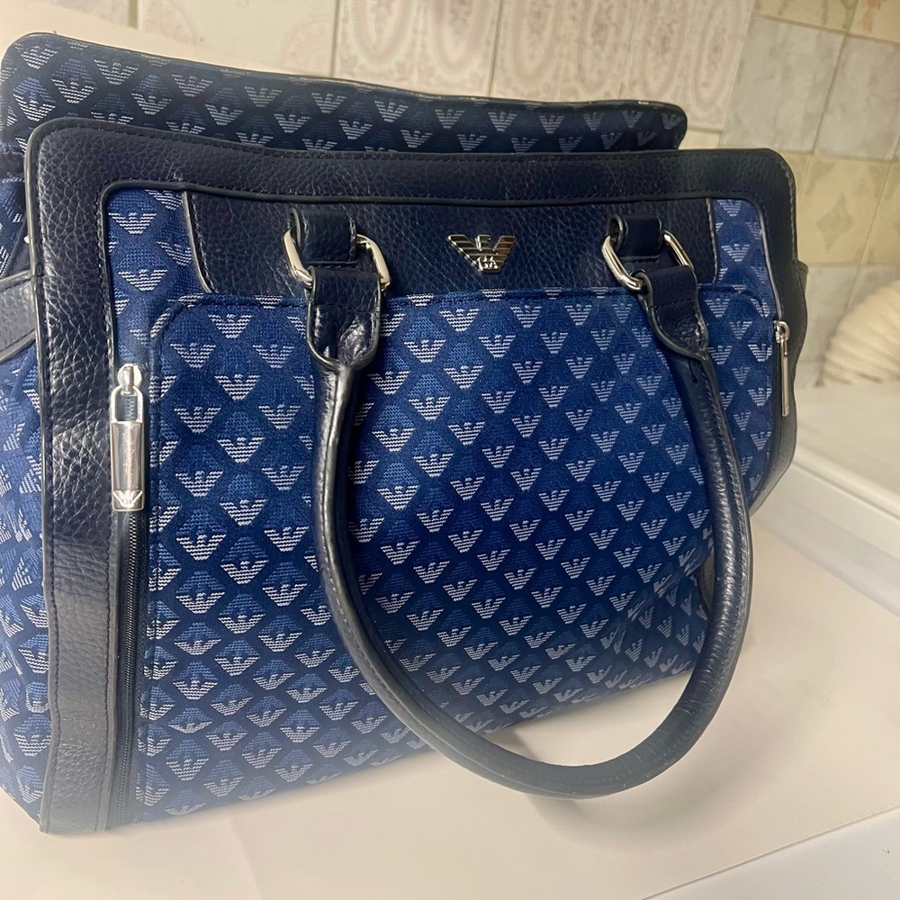 Emporio Armani Navy Baby Bag with Iconic Pattern( diaper, bottles, changing mat)